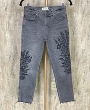 We The Free People Jeans Women's 25 Gray Black Floral Embroidered Raw Frayed Hem