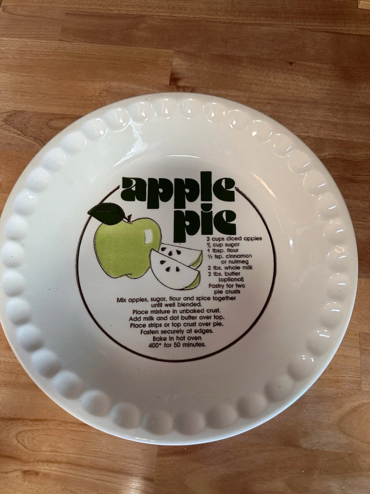Vintage Apple Pie Plate With Green Apple And Recipe 11 1/4" Baking Dish
