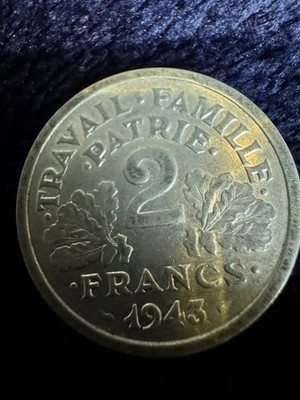 France 2 Francs 1943 Aluminum Coin Travail Famille Patrie KM#899