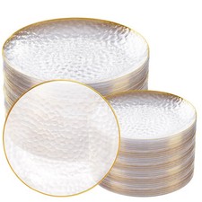 100Pcs Clear Gold Plastic Plates, Disposable Plates With Gold Rim, Heavy-duty...