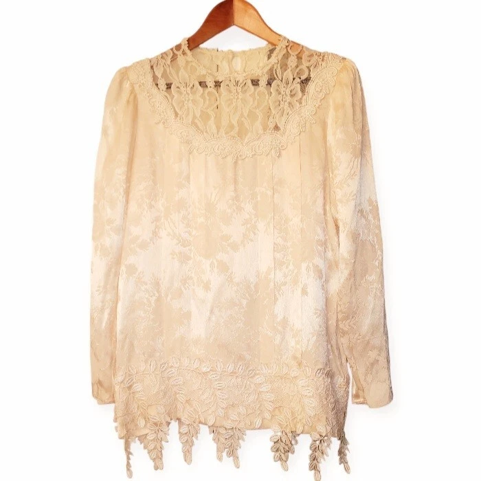 Blusa Jessica McClintock Victoriana Encaje Vintage Chic Jacquard Rosa Rubor Blanca Foto 3 de 4