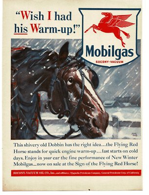 1940 Mobil Mobilgas horse in snowstorm art Walter Early Vintage Print Ad big red