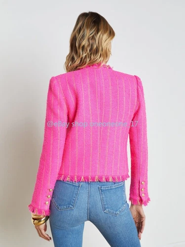 AUTH L'AGENCE Tinlee Tweed Jacket Coat Cardigan Shocking Pink/Gold Stripe - Picture 6 of 13