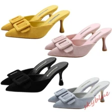 Womens Pointed Toe Suede Mules Stiletto Heel Party Slides Sandals Leather Shoes