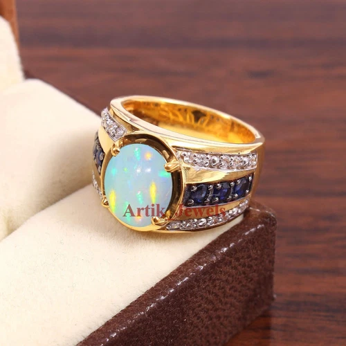Natural Opal & Heated Sapphire With Gold Plated Silver Ring for Men's #563