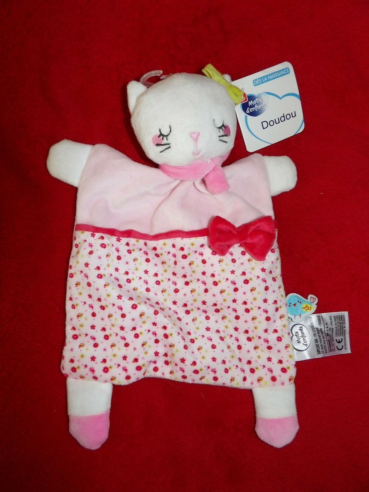 Doudou plat chat Mots d'Enfants en velours doux avec fleur brodée