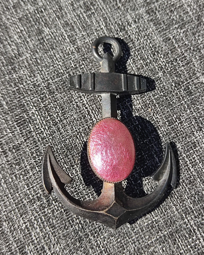 Broche Ancienne Ancre Marine - Émail Rose Sur Paillon Argent Limoges - Occasion Parfait état
