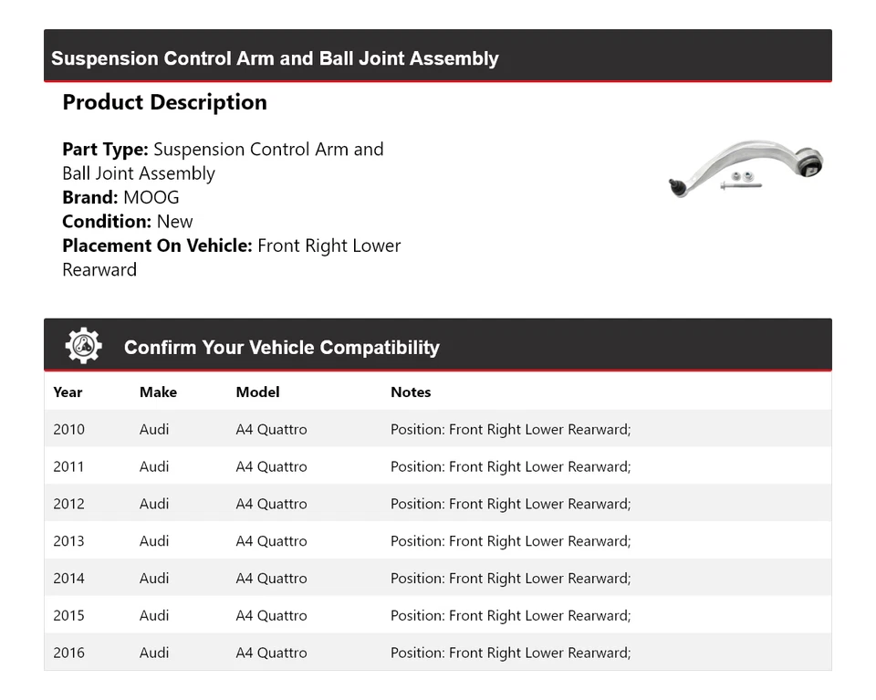 Para 2010-2016 Audi A4 Quattro braço de controle dianteiro direito inferior traseiro MOOG 2010 - Imagem 2 de 4