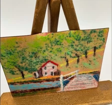 Vintage Enamel on Copper Painting House Deck Scenic Signed Wall Art hand painted