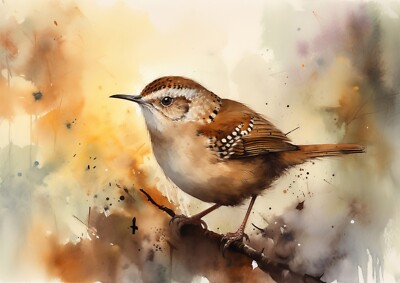Herrlicher 7''x5'' Aquarelldruck, Zaunkönig thront auf Zweig, bezaubernde Vogelkunst