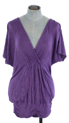 Ella Moos Top Bluse lila Jersey V-Ausschnitt Kurzarm gerafft drapiert Gr. XS