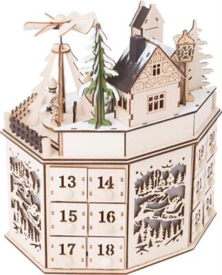 Adventskalender mit Pyramide, zum Befüllen, beleuchtet, Holz, Weihnachtsdeko