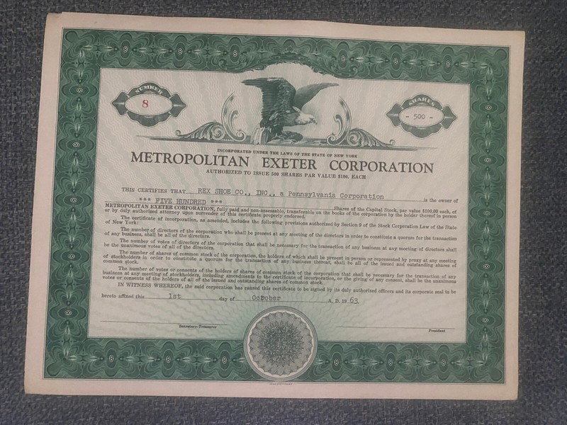 vintage stock certificates - Metropolitan Exeter Corporation -