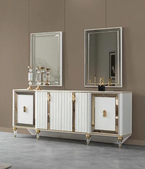 Esszimmer Sideboard Kommode Schrank mit 2x Spiegele Weiß Gold Edelstahl - Bild 1 von 1