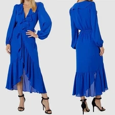 $139 Bardot Electric Blue V-Neck Self-Tie Sophya Wrap Dress Large 8 Ruffle Midi