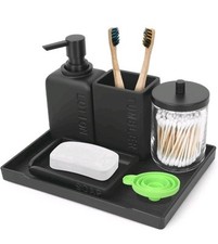 Black 5 Pcs Resin Bathroom Accessories Set Soap Dish Lotion Dispenser Toothbrush