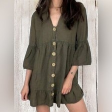 Zara Mini Dress Linen/Cotton V Neckline 3/4 Bell Sleeve Tiered Boho Khaki Gr Sm