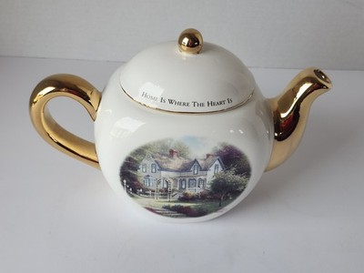 Thomas Kinkade Home Is Where The Heart Is Teapot Cottage Scene Gold Trim Decorat