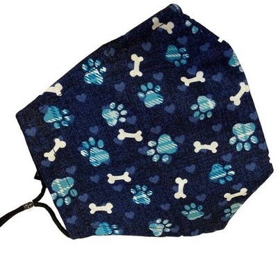 Handmade Adjustable Dog Paw Print Face Mask Blue Bones