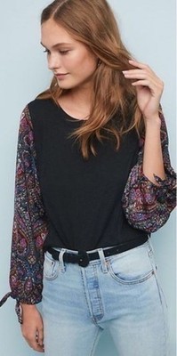 ANTHROPOLOGIE AKEMI + KIN MAYBELLE SILKY TIE PRINT SLEEVE TOP - XL