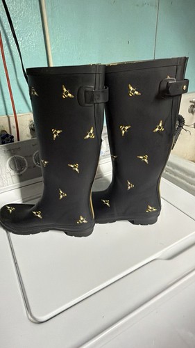 Joules Women’s Black Wellingtons Rain Boots Yellow Bee Print US 10