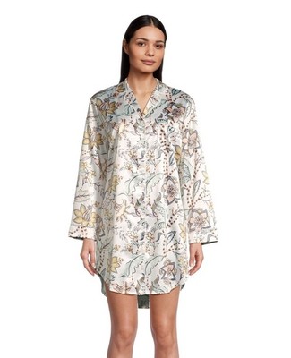 World Market  Tamara Pajama  Night Shirt Womens Button Up White Floral S/ M NWT