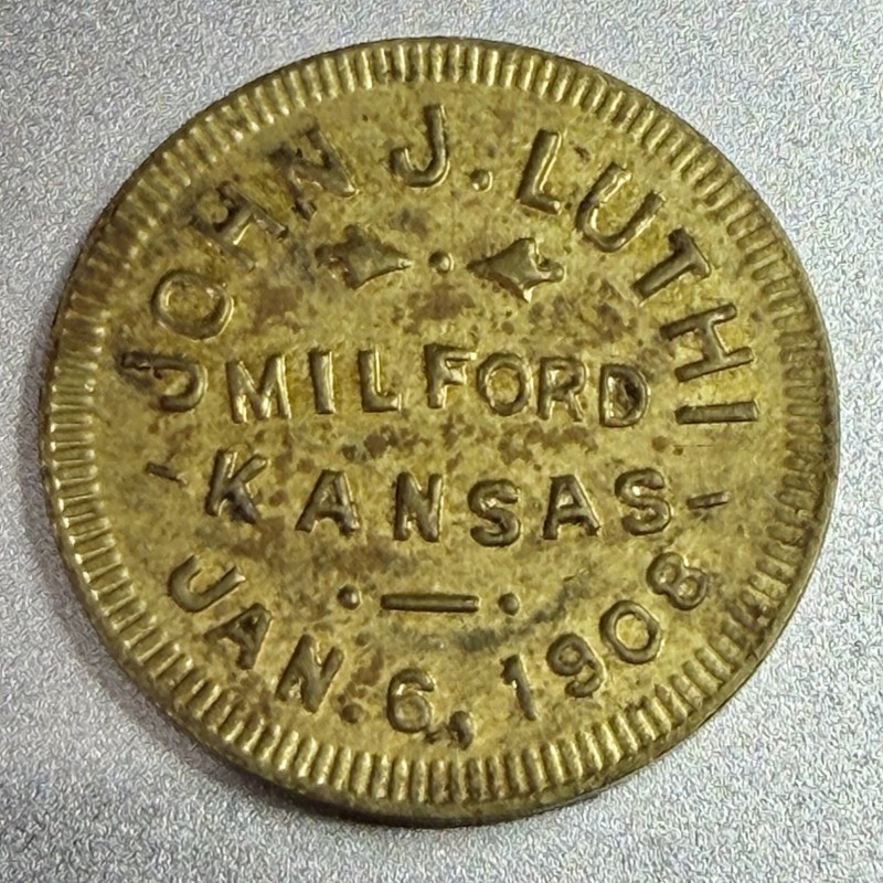 Kansas, Milford John J. Luthi Jan 6, 1908 Brass Token 10¢ 121267