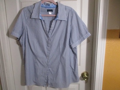 Basic Editions & White Striped Cotton Blend Button Short Sleeve Top -Plus 1 X