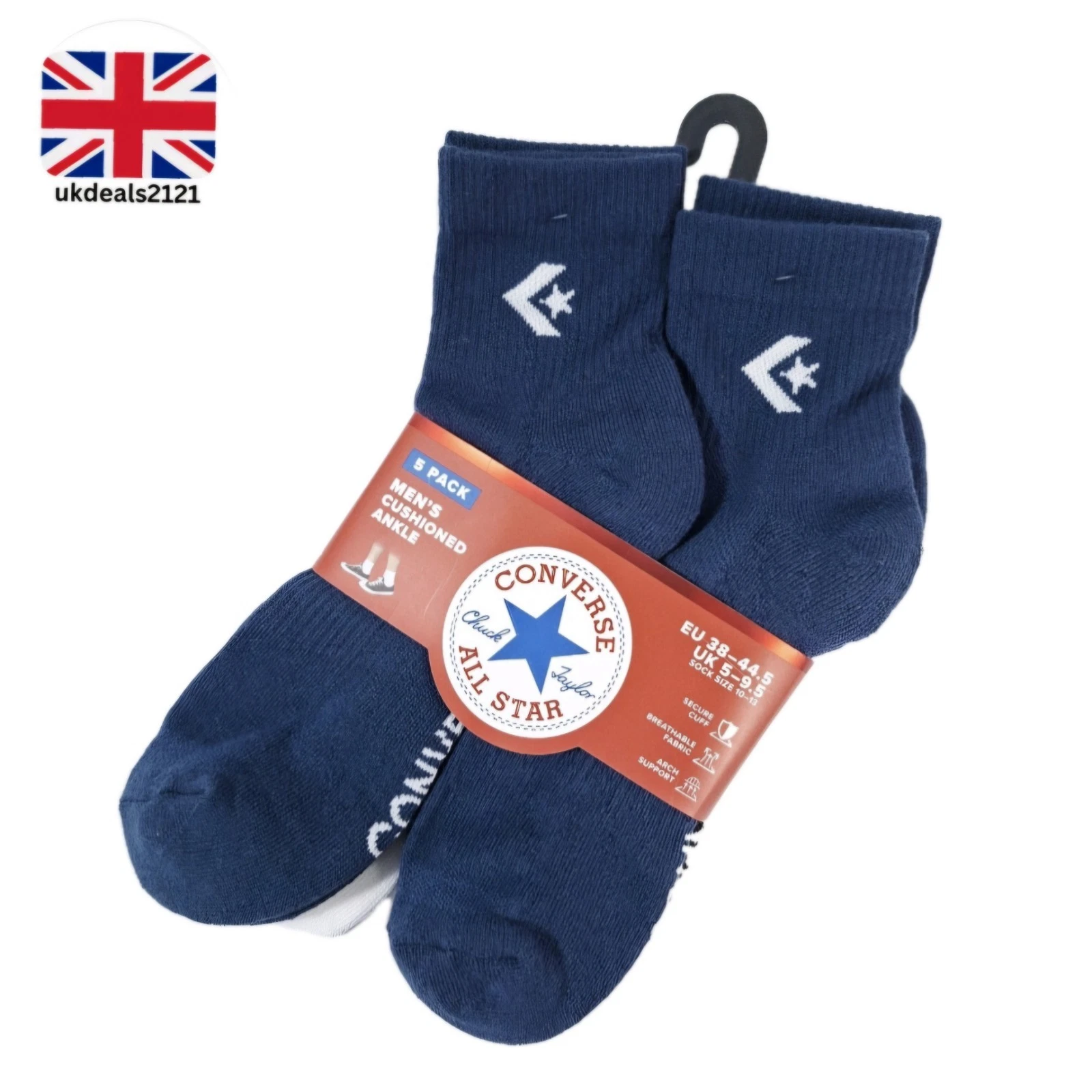 Converse Mens Socks UK 5-9.5 EU 38-44.5 Navy Grey White 5 Pack Ankle Cushioned