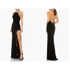 Ieena for Mac Duggal Gown Sz 4 Black Halter Rhinestone Slit Open Back 26533