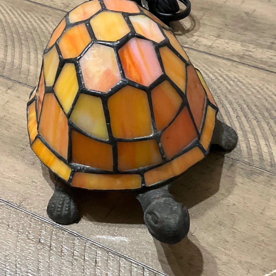 Vintage Tiffany Style Stained Glass & Brass Turtle Accent Lamp Orange  Works - Image 2 of 4