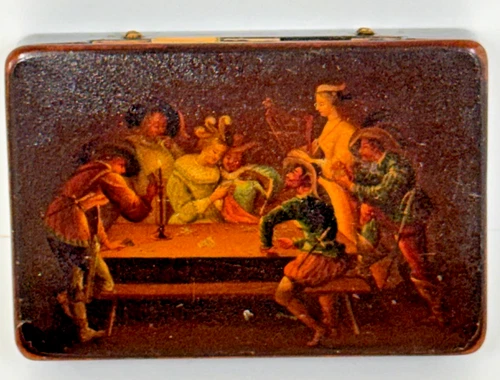 Antique Papier Mache Snuff Box   Victorian 19th century painted Tavern Scene - Picture 1 of 2