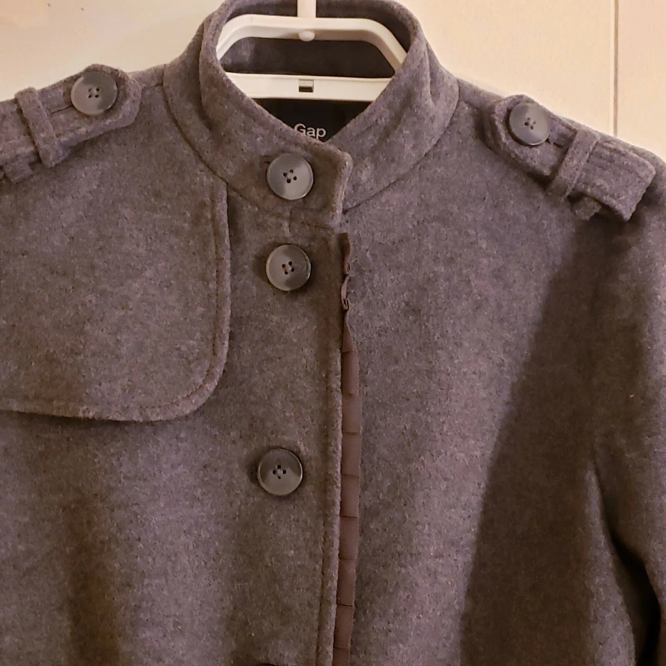 Chaqueta Gap Mujer Talla 4 Gris Botón Frontal Mezcla Lana Estilo Militar Borde Cinta Foto 2 de 4