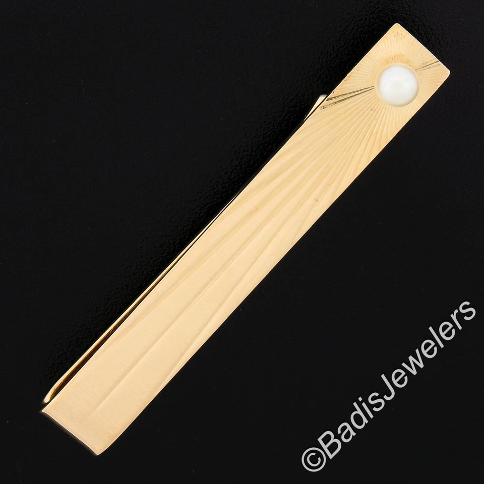 Clip de barra de corbata Estate de oro amarillo de 14 k con perlas cultivadas pulidas grabadas de 1,7" para hombre Foto 2 de 4