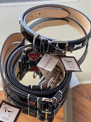 NEW Black Patent Leather COACH Dog Collar in XL and matching COACH Leash in  L!