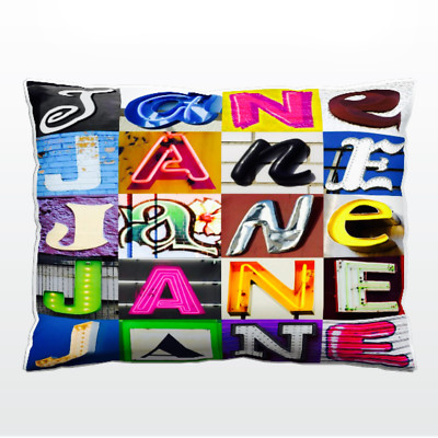 Personalized Pillow featuring the name JANE in photos of sign letters
