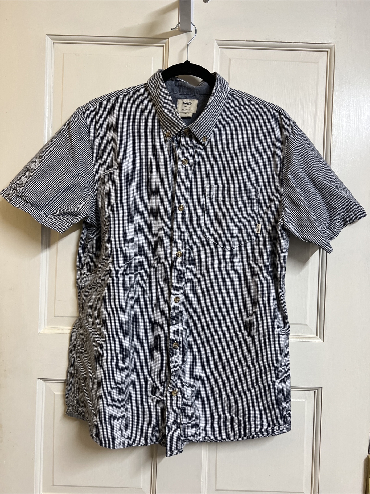 Mens Vans Medium Button Up T Shirt Plaid Tailored Fit White Blue