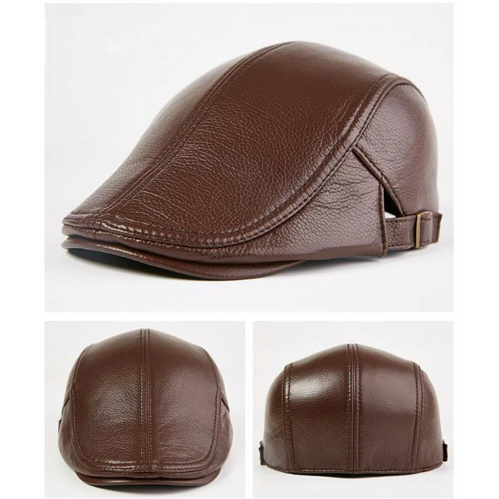 Men Beret Hat Real Leather Flat Cap Sheepskin Autumn Winter Adjustable