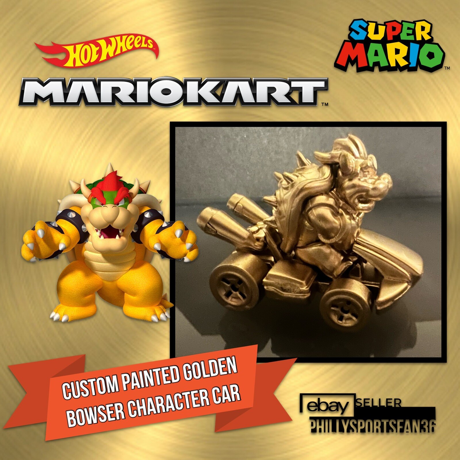 BOWSER STANDARD KART Hot Wheels Mario Kart 2022 TOTY Mattel Custom GOLD