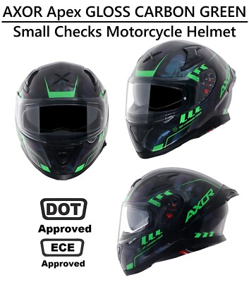 AXOR Apex  GLOSS CARBON GREEN  Small Checks DOT & ECE Approved Motorcycle Helmet