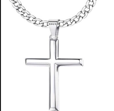 22'' StainlessSteel 5MM Cuban Necklace With A Cross Made From 925 Sterling Silver