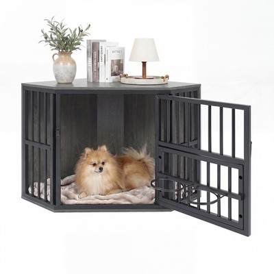 Corner Dog Crate Furniture, Wooden Dog Kennel End Table, Heavy Duty Pet Crate