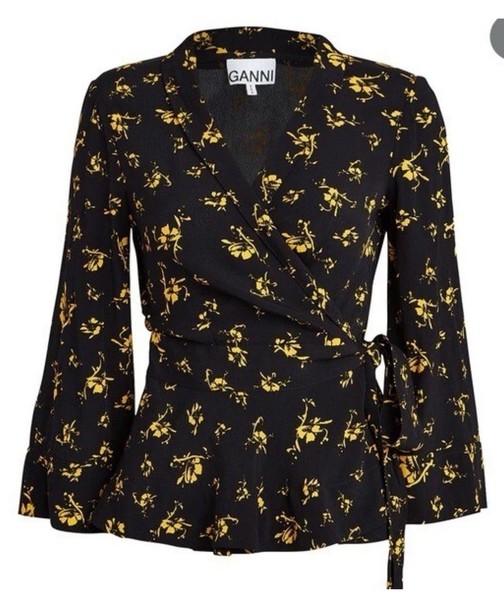 GANNI Black And Yellow Top Size 38 AU 10 Floral Wrap Viscose Blouse 3/4 Sleeve