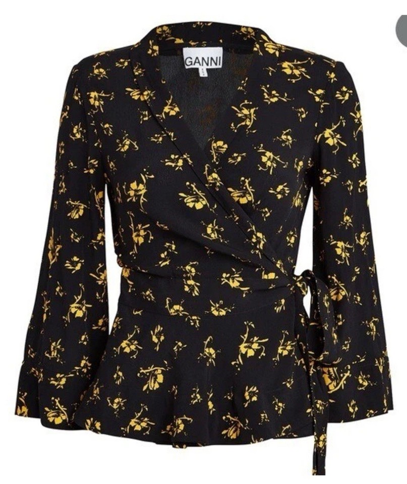 GANNI Black And Yellow Top Size 38 AU 10 Floral Wrap Viscose Blouse 3/4 Sleeve