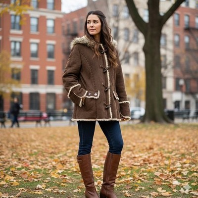 VTG Y2K Brown Esprit Faux Fur Sherpa Lined Coat Zip and Toggle Buttons RG10722