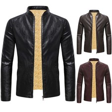 Fleece Insulated Men's PU Leather Jacket Winter Warm Stand Collar Biker Design