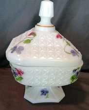 Vintage Consolidated Con Cora, Hand Painted Milk Glass Covered Candy Dish