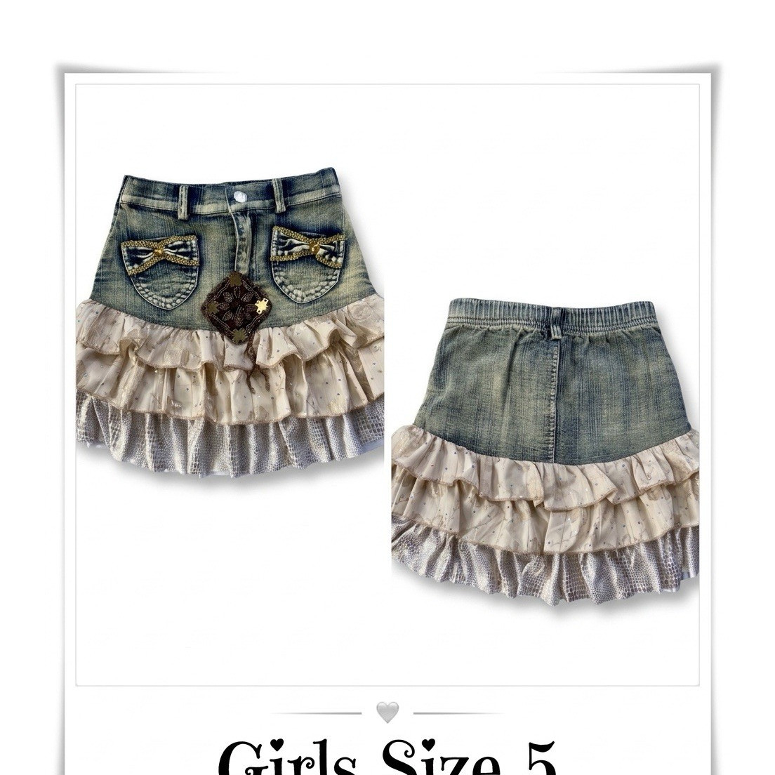 NWOT Shanil USA Girls Denim & Ruffle Bling Skirt - Size 5 - 