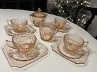 JEANETTE DEPRESSION GLASS ADAM PINK CUPS & SAUCERS CREAMER & COVERED SUGAR BOWL