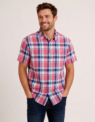 NWT IZOD Dockside Linen Blend Size Medium Pink Blue Plaid Button Up Short Sleeve